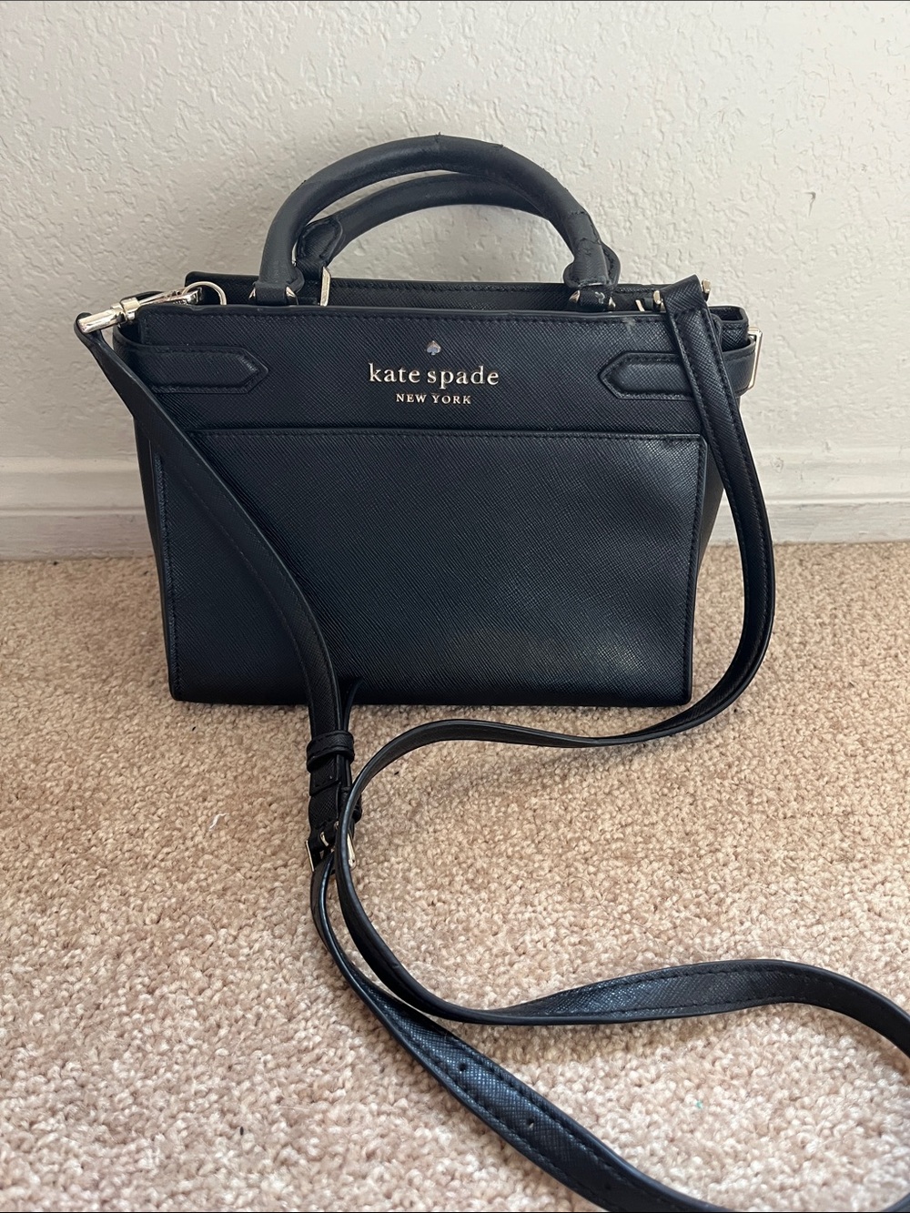 Kate Spade Black Leather Small Satchel with Crossbody Strap. As Is, see pics.